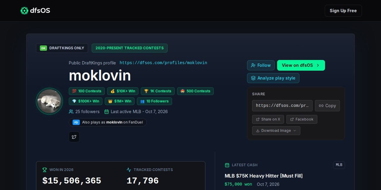 A DraftKings player profile in dfsOS